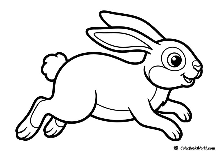 A smiling cartoon rabbit mid-jump with ears swept back and legs stretched out.