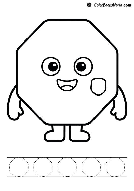 A smiling octagon character with small arms and legs, plus dotted octagons for tracing.