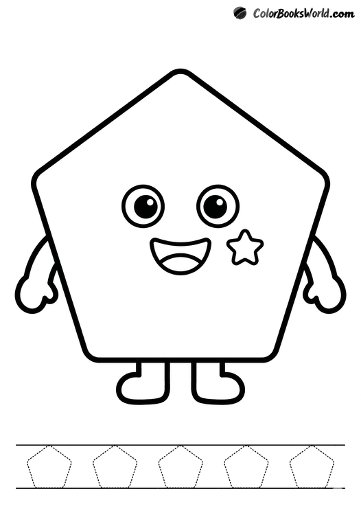 A smiling pentagon character with small arms and legs, a tiny star, and dotted pentagons to trace.
