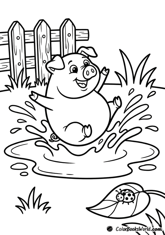 A happy pig splashes in a big mud puddle while a ladybug rests on a nearby leaf.