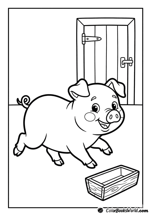 A cheerful pig runs across a farmyard, with a barn door and wooden trough behind it.