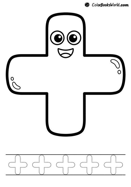 A smiling plus sign character with thick rounded bars and a row of dotted plus signs to trace.