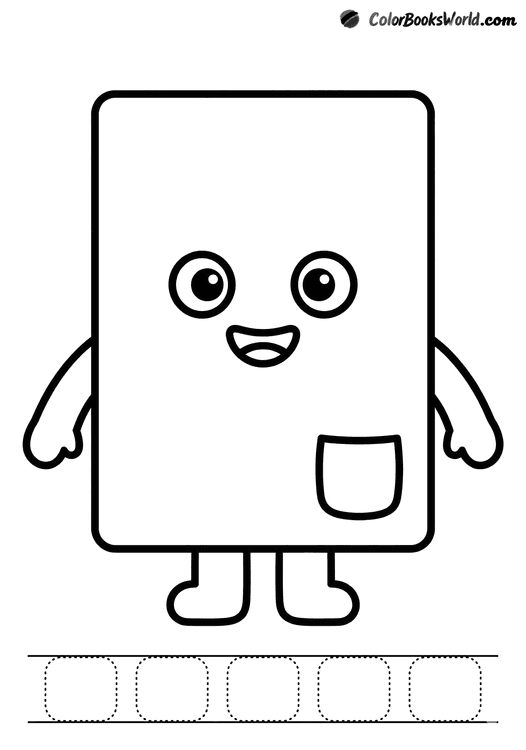 A smiling upright rectangle character with small arms, legs, and a little pocket, plus dotted rectangles to trace.