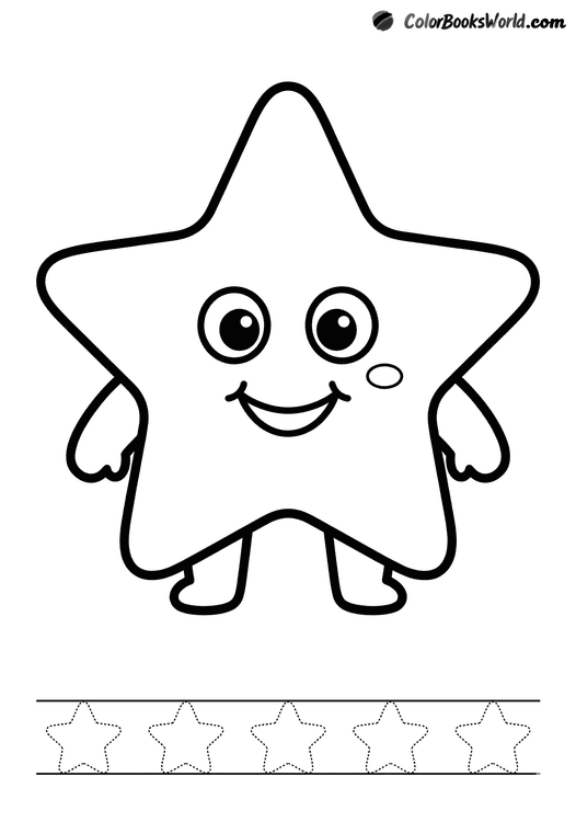 A smiling five-point star character with rounded tips, small arms and legs, and dotted stars for tracing.