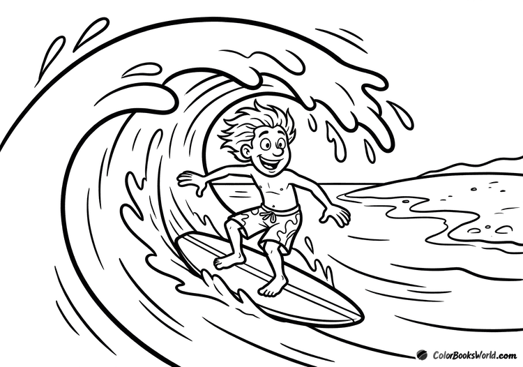 A smiling cartoon surfer rides a surfboard on a stylized ocean wave with simple splashes.