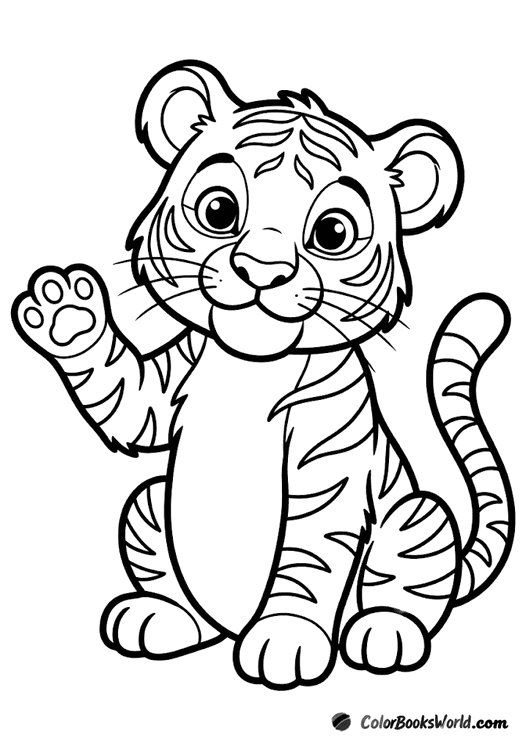 A cute tiger cub sits upright and waves with its front paw, smiling.