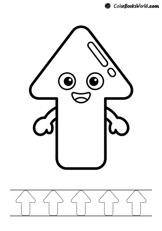 A smiling up-pointing arrow character with small arms, plus dotted arrows for tracing practice.