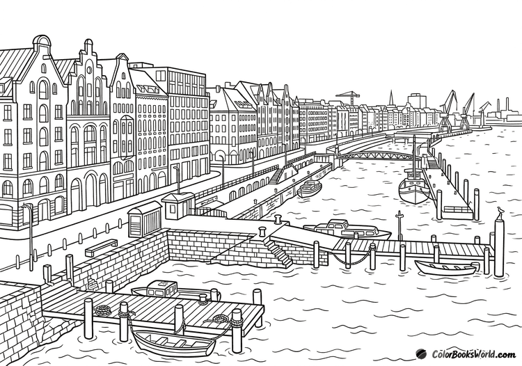 A line art illustration of a harbor city with waterfront buildings, wooden docks, and small boats.