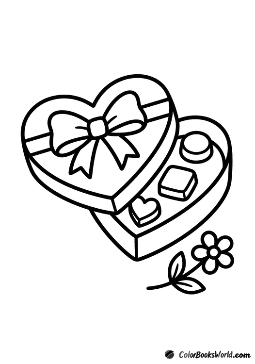 A heart-shaped chocolate box with a bow, a partially open lid showing three chocolates, and a small flower.