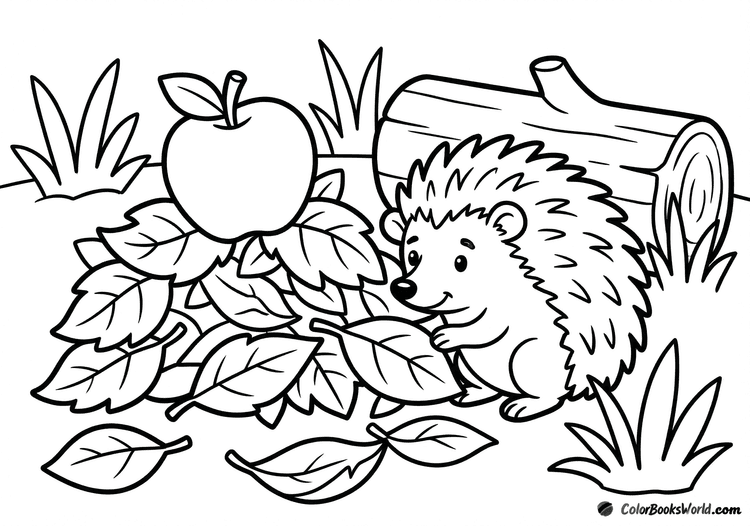 A cute cartoon hedgehog beside a pile of large autumn leaves and a single apple.