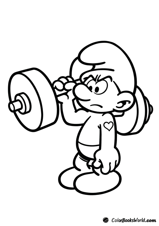 Hefty Smurf lifts a large dumbbell, showing his strength during a workout.