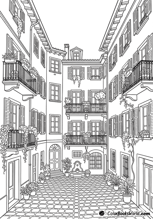A peaceful enclosed city courtyard with cobblestones, many balconies with plants, and tall historic building facades.