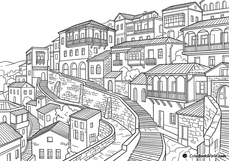 A detailed line art view of a hillside city with terraced houses, winding stone stairways, and layered rooftops.