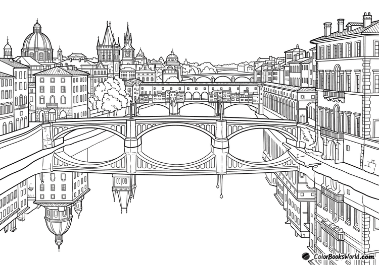 A panoramic line art view of a historic city by a river with bridges and buildings reflected in the water.