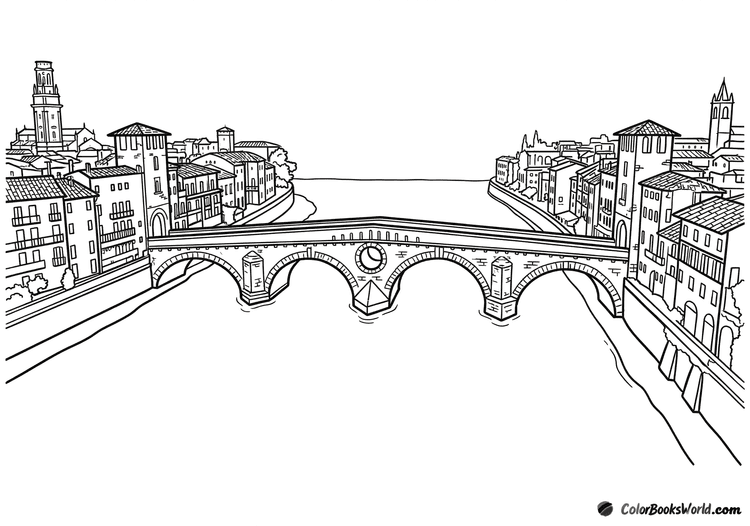 A historic stone bridge with multiple arches spans a wide river between two rows of old city buildings.