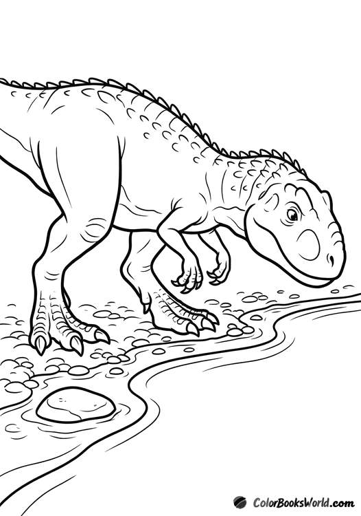 Cartoon Indominus Rex walks along a riverbank with head lowered, scent-tracking near a smooth stone.