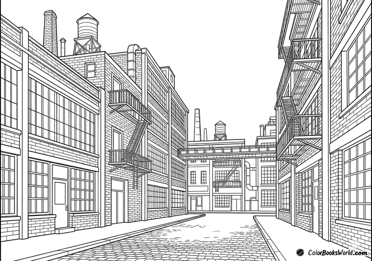 A coloring page of an industrial district with brick factory buildings, large windows, and metal fire escapes.
