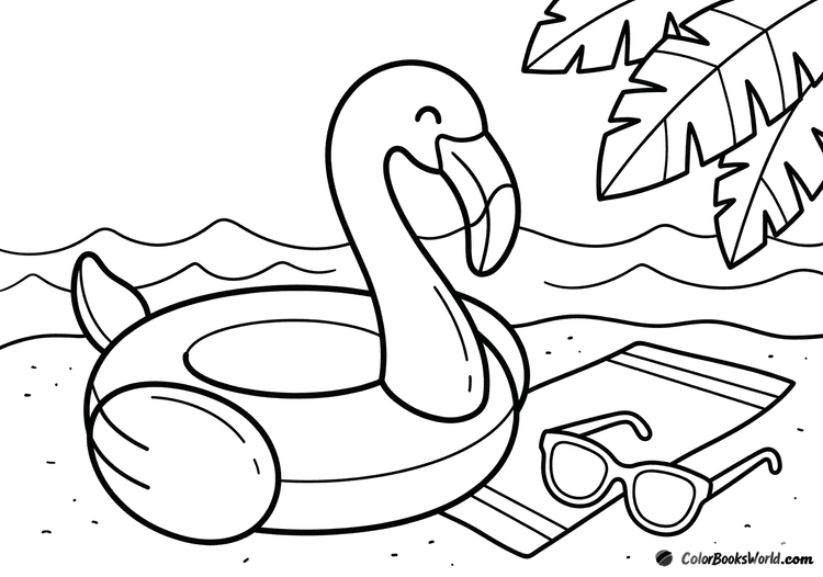 Cartoon inflatable flamingo on sand beside a beach towel and sunglasses, with gentle waves behind.