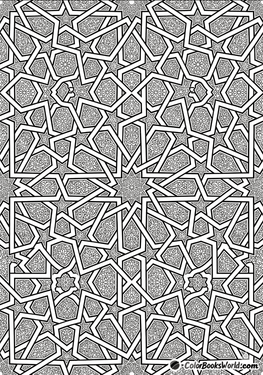 A complex Islamic-style geometric mosaic with star polygons and interlaced lines for coloring.