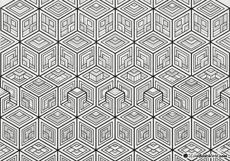 A seamless isometric tessellation of 3D cubes with intricate internal geometric lines.