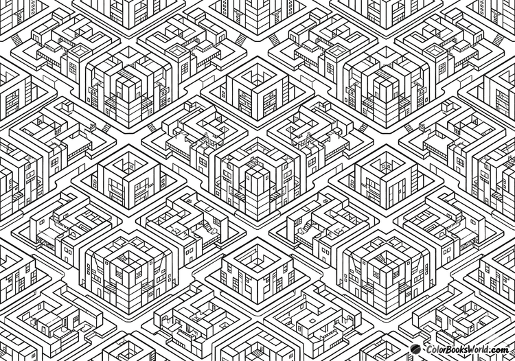An isometric view of an abstracted city grid with repeating geometric building blocks and streets in black line art.