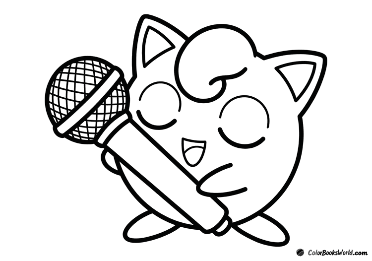 Jigglypuff sings with eyes closed while holding a simple microphone.