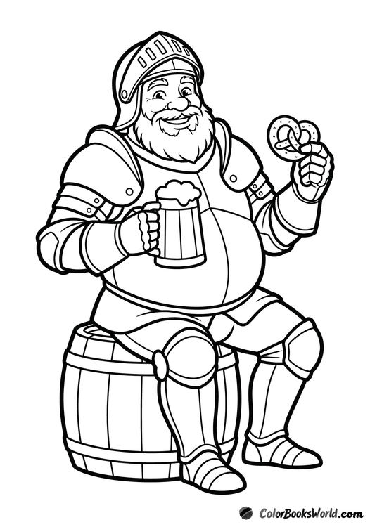 A cheerful cartoon knight sits on a wooden barrel holding a large mug and a bread roll.
