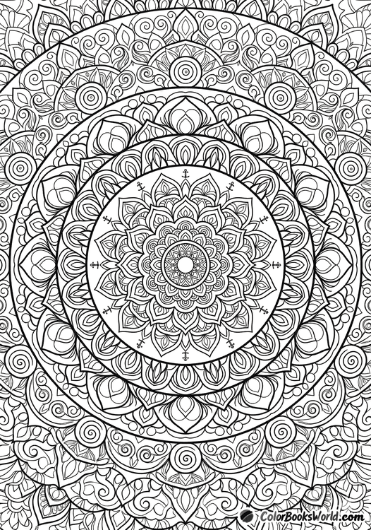 Intricate line art of concentric kaleidoscope rings with geometric petals, spirals, and teardrop patterns in a radial composition.