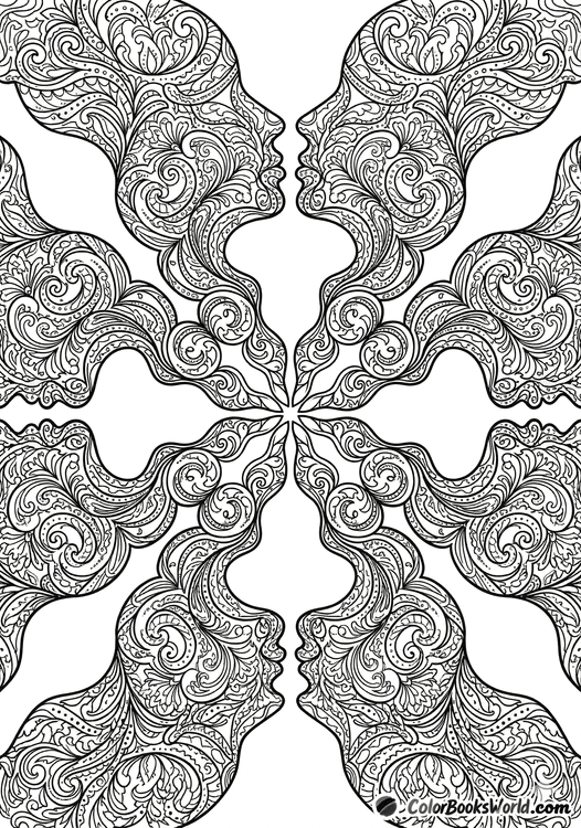 Detailed line art of mirrored human face profiles in a radial arrangement filled with intricate floral filigree patterns.