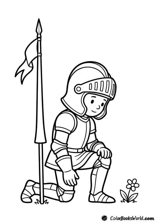 A cartoon knight kneels respectfully with a lance planted upright beside a small flower.