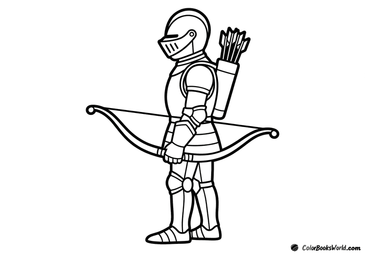 A cartoon knight in armor holding a bow, with a quiver of arrows on his back.
