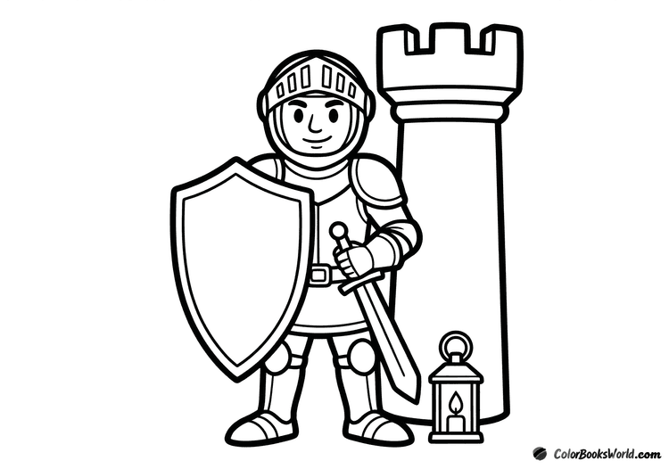 A cartoon knight in armor stands by a stone castle pillar, holding a small lantern.