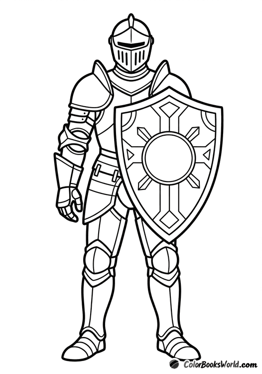 Front-facing cartoon knight in armor holding a large shield with a blank emblem area.