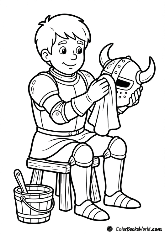 Cartoon knight polishing his helmet with a cloth, with a bucket beside him.