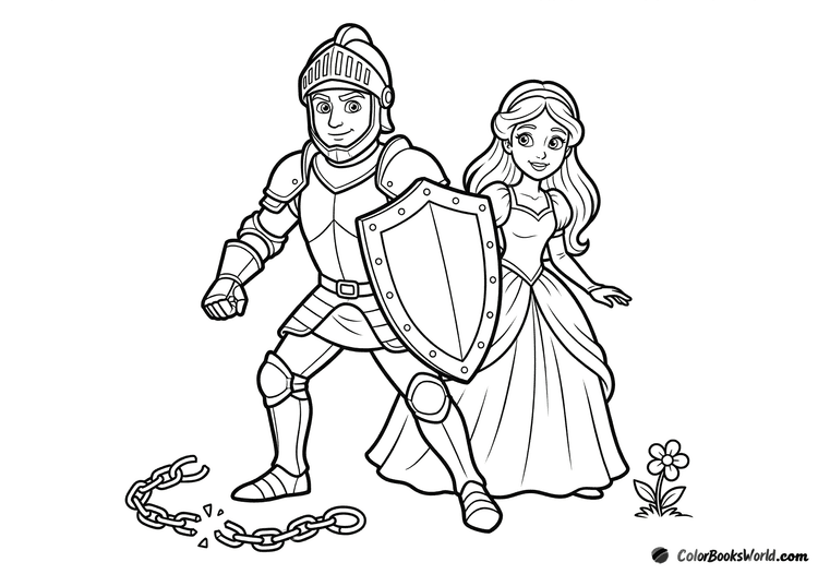 A cartoon knight with a shield stands in front of a princess, with a broken chain and a small flower.