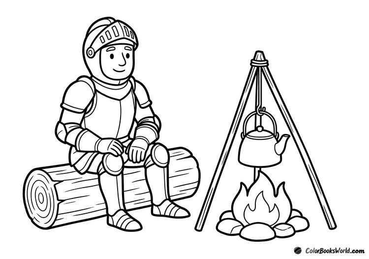 Cartoon knight sitting on a log beside a campfire, with a kettle hanging nearby.