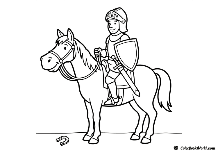 Cartoon knight in armor riding a horse in side view, with a sheathed sword at his side.