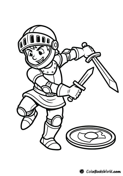 Cartoon knight in armor swings a sword while his shield lies on the ground.