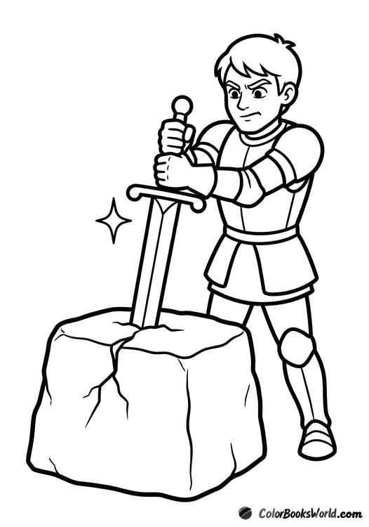 A cartoon knight pulls a magical sword from a large stone, marked by a sparkle.