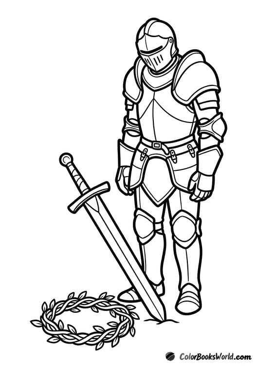 Cartoon knight standing beside a sword planted in the ground, with a wreath nearby.
