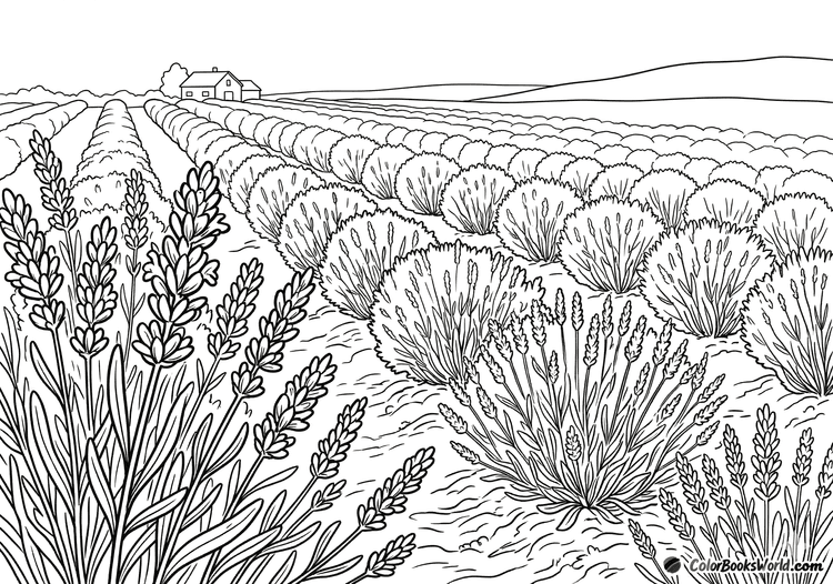 Line art of lavender rows stretching into the distance toward a farmhouse on the horizon.