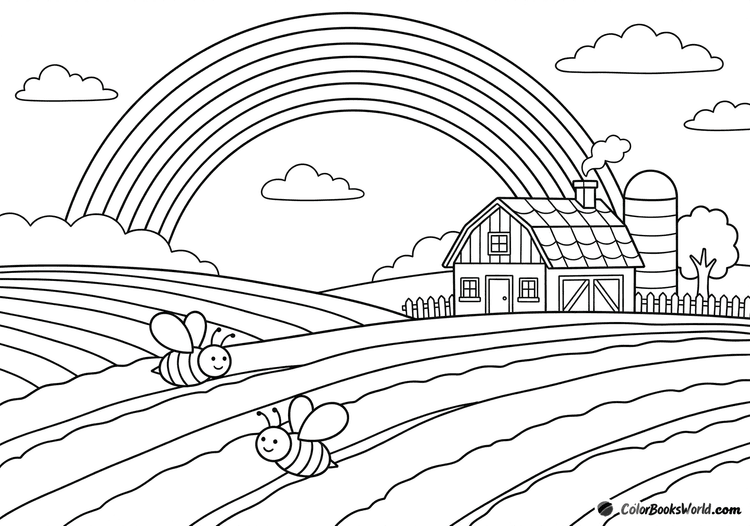 Stylized lavender rows in a field beneath a large rainbow, with small bees flying overhead.