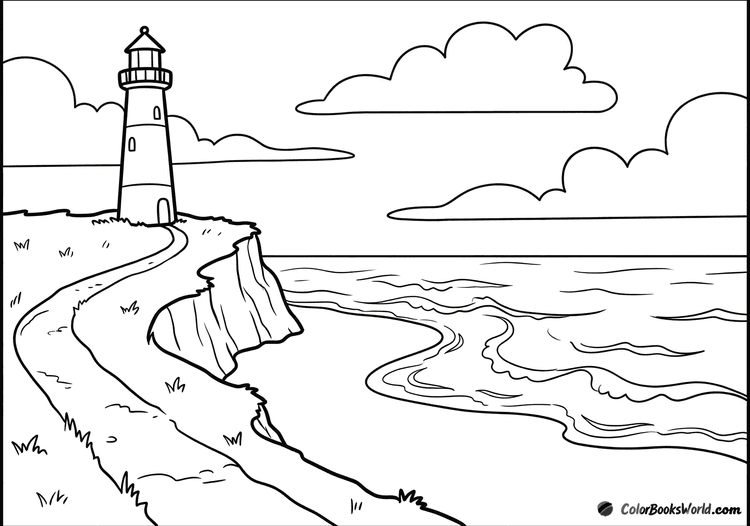 A tall lighthouse on a grassy cliff with a path down to a sandy beach and ocean waves.