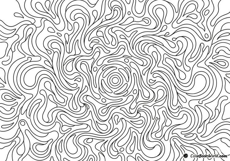 Flowing ink-like tendrils and droplet motifs radiate from a central mandala in a dynamic black and white line art.