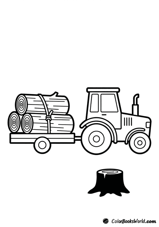 Side view of a cartoon tractor pulling a timber trailer with two large logs and a tree stump nearby.