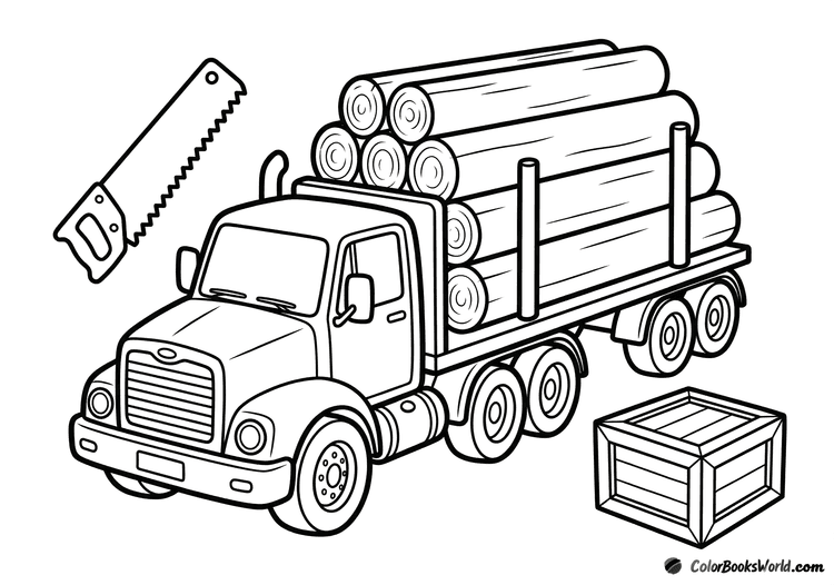 Cartoon logging truck carrying stacked wood logs, with a hand saw and wooden crate nearby.