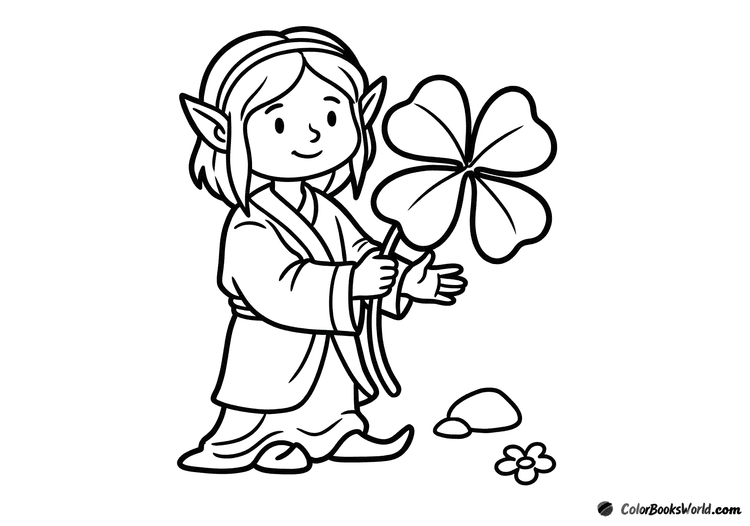 A cute cartoon elf holding a large four-leaf clover beside a small flower and a pebble.