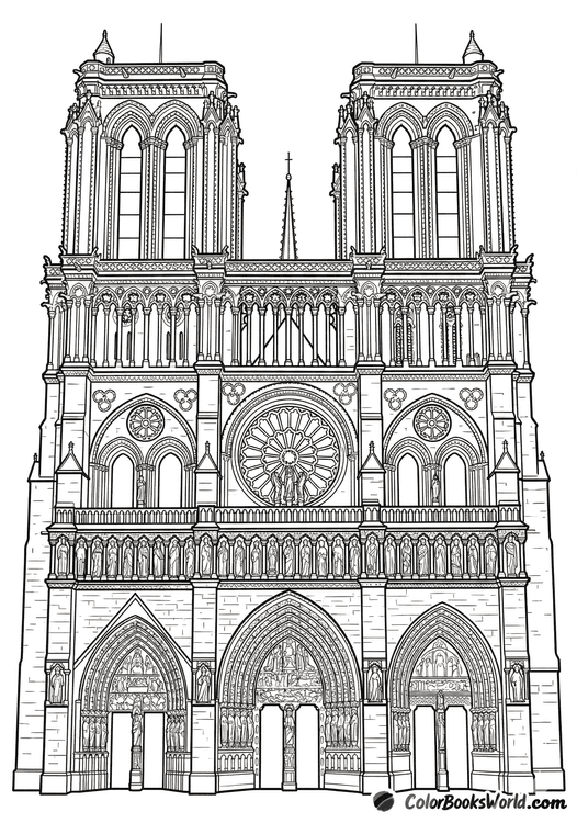 A detailed line art drawing of a Gothic cathedral facade with twin towers, a rose window, and ornate portals.