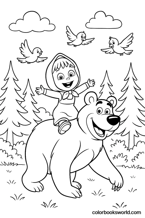 Masha rides on the Bear’s back through a pine forest as birds fly overhead.