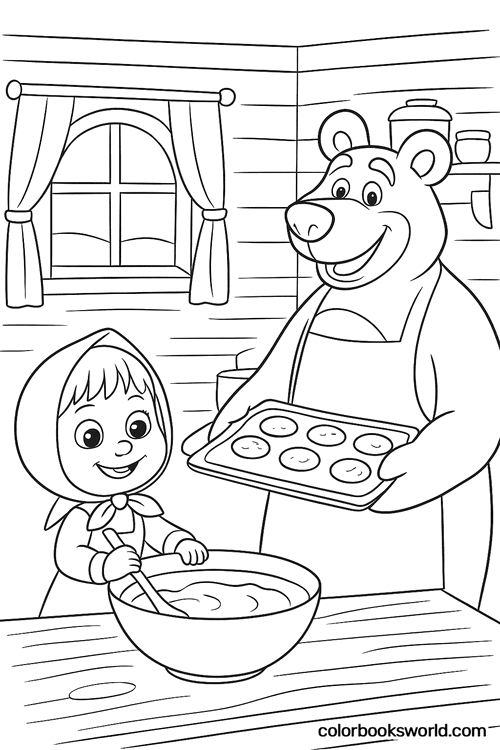 Masha stirs batter in a bowl while Bear holds a tray of cookies in a cozy kitchen.